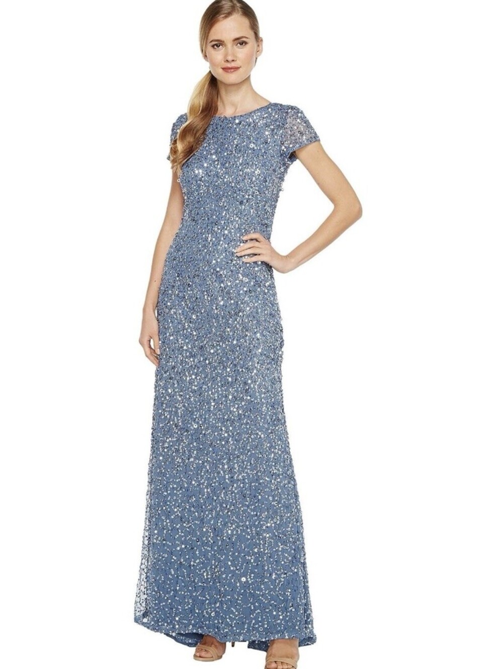 Adrianna Papell Short-Sleeve All Over Sequin Gown Size 12 Nile Blue NWT $280